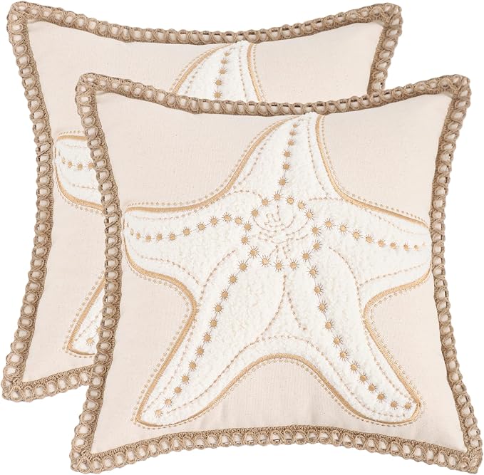 LUOYEHK Tropical Starfish Pillow Covers 18X18 Inch Set of 2 Beige Embroidered Throw Pillow Covers with Jute Rope Summer Decorative Pillowcase Square Cushion Covers for Couch Sofa Bed Home Decor