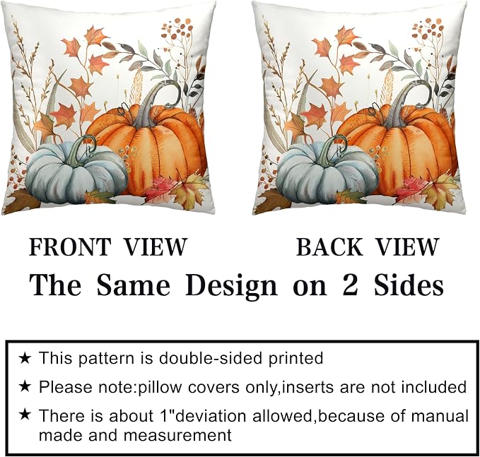Fall Pumpkin Pillow Covers Maple Leaves Throw Pillow Covers Autumn Decorative Cushion Case 20x20 for Farmhouse Living Room Couch Patio Set of 2