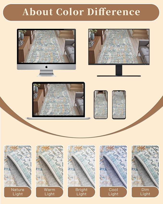 Madane Hallway Runner Rug 2x8 Washable Kitchen Rugs Non-Slip, Blue/Gold | Vintage Machine Washable Low-Pile Floor Carpet 8ft, Soft Ultra-Thin Throw Entry Foyer Mat for Entrance Laundry Living Room