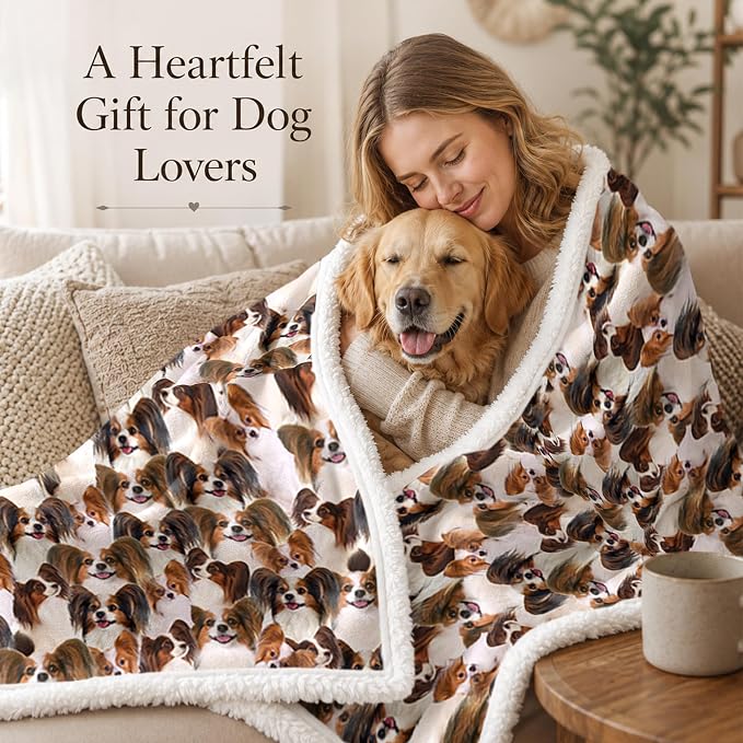 BlessLiving Throw Blanket, Brown Dog Animal Gift, 50x60 in | sherpa fleece fabric, Papillon Dense Pet Blankets Puppy Lovers print, for couch or sofa, pet lovers, easy machine care