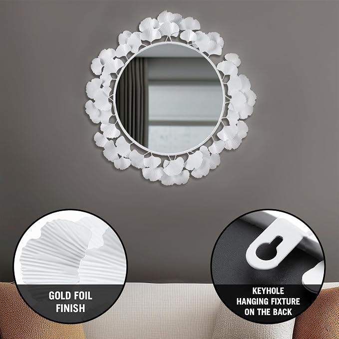 Martha Stewart Wall Décor Large Gingko Leaf Round Wall Mirror for Living Room, Iron Metal Plate Frame Antique Finish, Ready to Hang Bedroom Decoration, Eden, 30.5", White