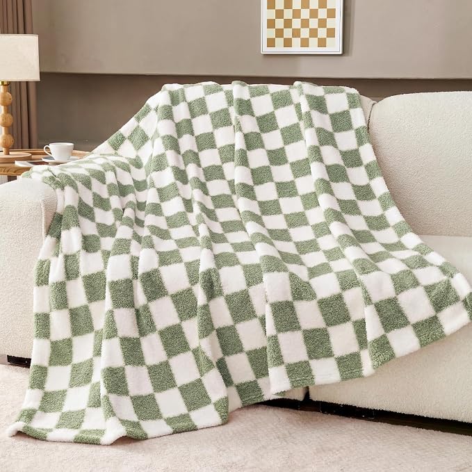 Sage Green Checkered Throw Blanket, Soft Plush Microfiber Fleece Blanket for Couch Sofa Travel, Cozy Decorative Home Blanket, All Season, 50x60 Inches