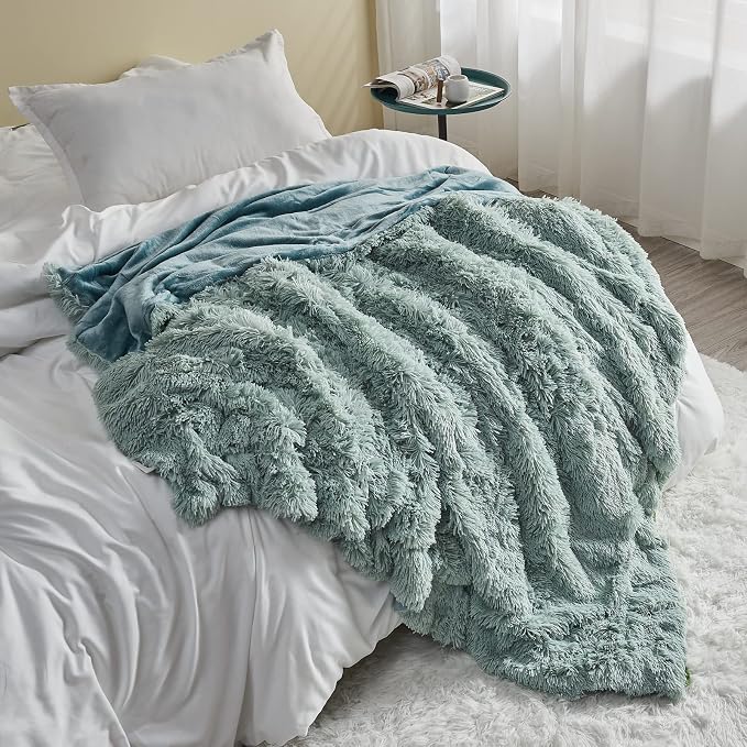 GONAAP Fuzzy Faux Fur Queen Blanket for Couch, Ice Blue, 90"x90" | Warm Cozy Plush Shaggy Decorative Reversible Thick Non-Heated Fleece Blanket for Sofa Bed, Gift for Women Men, All Season Use