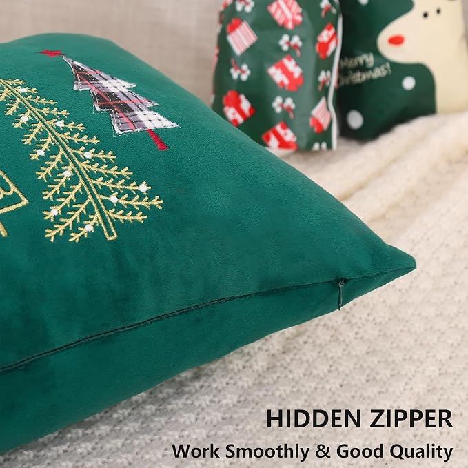 Christmas Embroidery Throw Pillow Covers 24 x 24 inch Set of 2 Xmas Dec Velvet Pillowcases Forest Green Christmas Trees Cushion Pillow Cases Soft Square Holiday Pillowcase