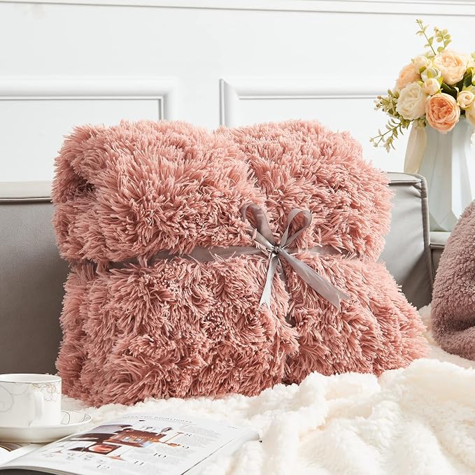 GONAAP Fuzzy Faux Fur Twin Blanket for Couch, Pink, 60"x80" | Warm Cozy Plush Shaggy Decorative Reversible Thick Non-Heated Fleece Blanket for Sofa Bed, Gift for Women Men, All Season Use