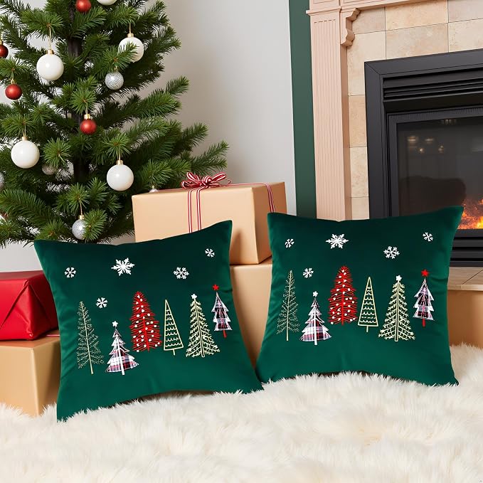 Christmas Throw Pillow Covers 18x18 Set of 2 Xmas Trees with Snowflake Embroidery Pillow Covers Christmas Dec Velvet Pillowcases Forest Green Cushion Pillow Cases Soft Square Holiday Pillowcase