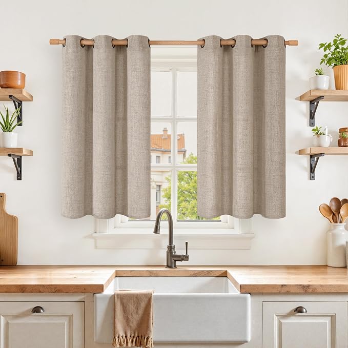 YoungsTex Burlap Linen Curtains 40 lnch Length for Kitchen Window | Short Drapes Semi Sheer with Bronze Grommet for Bathroom Bedroom Windows Light Filtering, Oatmeal, 2 Panels, 42 X 40 Inch