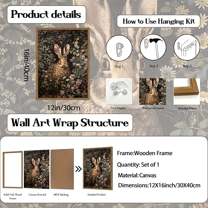 Dark Easter Rabbit Wall Art Vintage Cottagecore Bunny Wall Decor Painting Cute Easter Animal and Flower Poster Canvas Print Pictures for Bedroom Living Room Farmhouse 12x16 inch Wood Framed