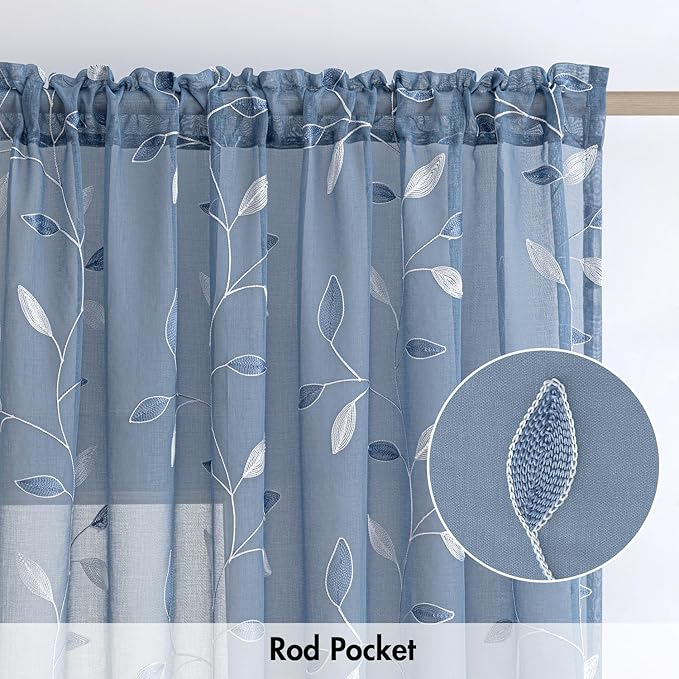MIULEE Dusty Blue Sheer Curtains 2 Panels Leaf Patterned, W52 x L96 | Embroidered Floral Semi Sheer,Rod Pocket,Faux Linen,Short Window Curtains Drapes Set for Kitchen/Bathroom/Cafe