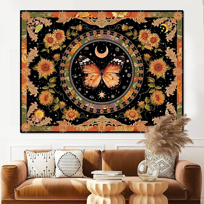 Accnicc Butterfly Floral Tapestry Vintage Indie Boho Flower Tapestries for Bedroom Aesthetic Retro Yellow Sunflower Moth Tapestry Wall Hanging for Dorm Living Room (48'' × 36'')