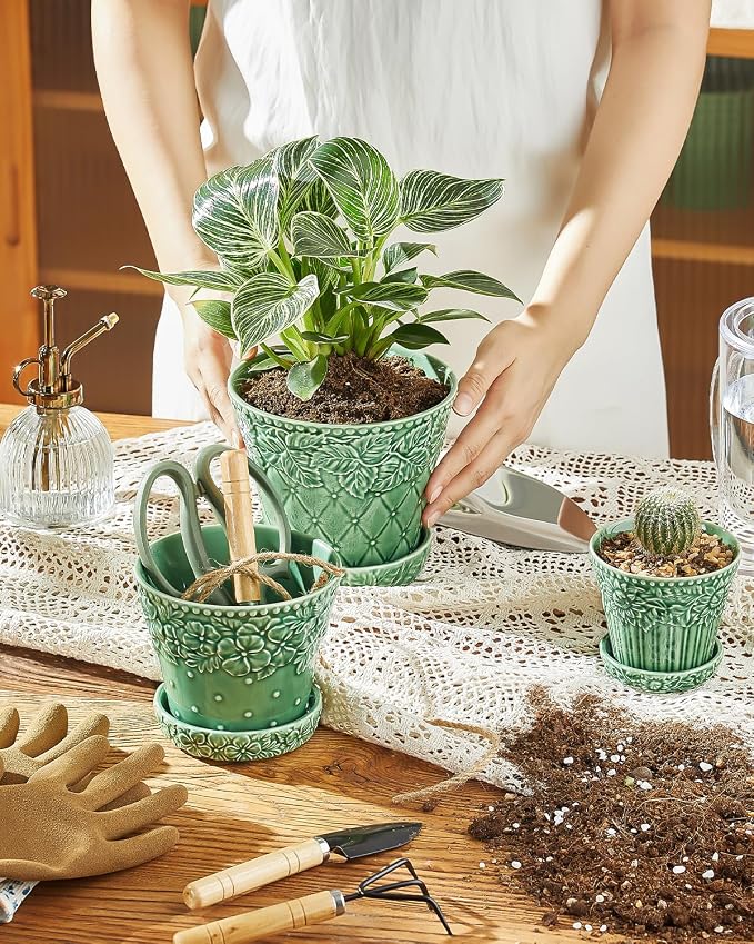 Metahom 4.9 Inch Ceramic Pots for Plants, Flower Pots Set of 4, Green Color