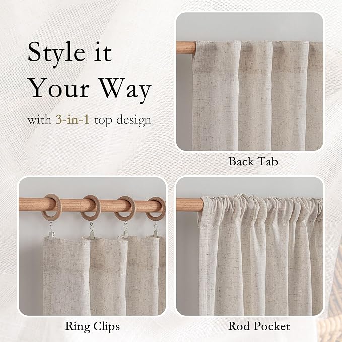 MYSKY HOME 90 Inches Long Curtains for Living Room, Semi Sheer Curtains & Drapes 2 Panels Set Natural Linen Curtain Farmhouse Country Style Back Tab Draperies for Sliding Glass Door, 50" Wide