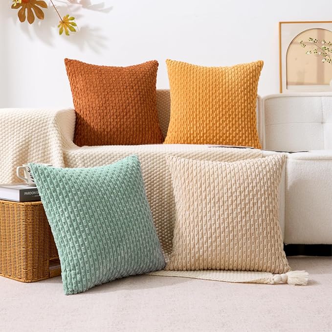 Kevin Textile Decorative Pillow Covers 18x18 Inch Set of 4 Soft Boho Corduroy Throw Pillow Cases Mix and Match Colors Plush Texture Throw Pillows for Sofa Couch Bedroom Home Decor Orange/Teal
