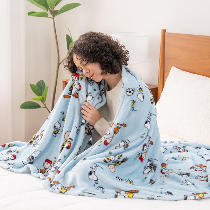 Berkshire Blanket Peanuts® VelvetLoft® Cute Character Snoopy Plush Throw Blanket,Snoopy the Athlete Closed in Blue,Throw 55 in x 70 in (Official Peanuts® Product)