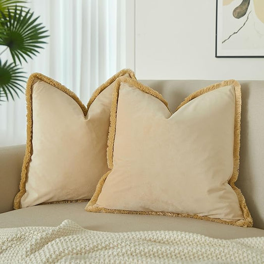 JUSPURBET Khaki Velvet Throw Pillow Covers 20x20 Inch Set of 2 with Soft Tassel Fringe Luxury Boho Pillowcase for Sofa Couch Bed Home Decor Machine Washable