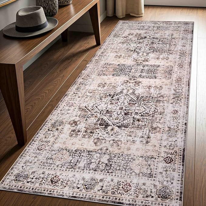 Machine Washable Area Rug, Soft & Durable, Non-Slip, Stain Resistant Rug for Bedroom, Living Room, Dining Room, High Traffic Areas. (Beige/Brown, 2.5' X 7')