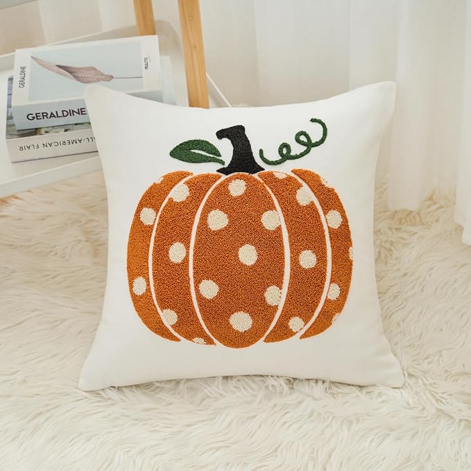 Fall Pumpkins Pillow Covers 18x18 Inch Dots Pumpkin Embroider Decorative Throw Pillowcases Farmhouse Autumn Seasonal Harvest Patio Cushion Cases for Sofa Couch Home