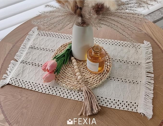 FEXIA Beige Boho Placemats Set of 6 Table Mats Farmhouse Home Dining Decor | 12x20" Place Mat Set of 6 Macrame Table Decor Farmhouse Burlap Placemats for Home Dining Table Centerpiece Home Decorations