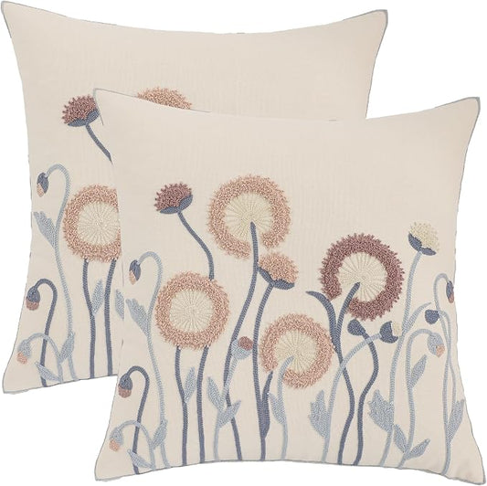 Fall Embroidered Throw Pillow Covers 18x18 Set of 2 Blowball | Durable Fabric,Square Pillow Cover,Boho Decorative,Hidden Zipper,Aesthetic Design,Ideal Gift,Machine Washable