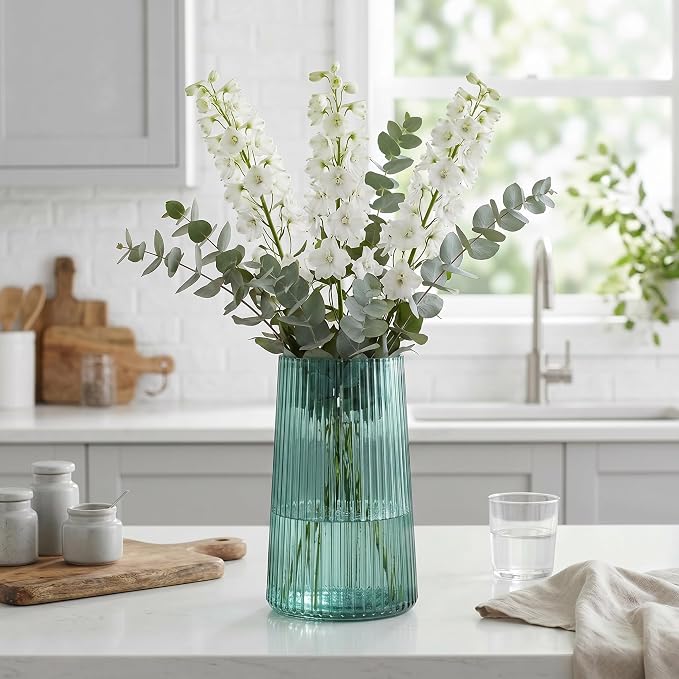 Green Glass Vase for Flower, Flower Vase for Bouquet, Modern Glass Vases, Ribbed Vases for Living Room, Bedroom, Dining Table, Office, Wedding, Centerpieces, 8 Inches