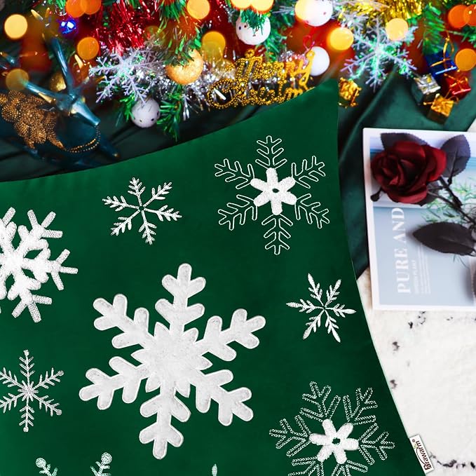 BRAWARM Christmas Pillow Cover 20 X 20 Inches, Christmas Green Snowflake Embroidered Pillow Cover, Soft Velvet Decorative Throw Pillow for Couch Bed Sofa Living Room Home