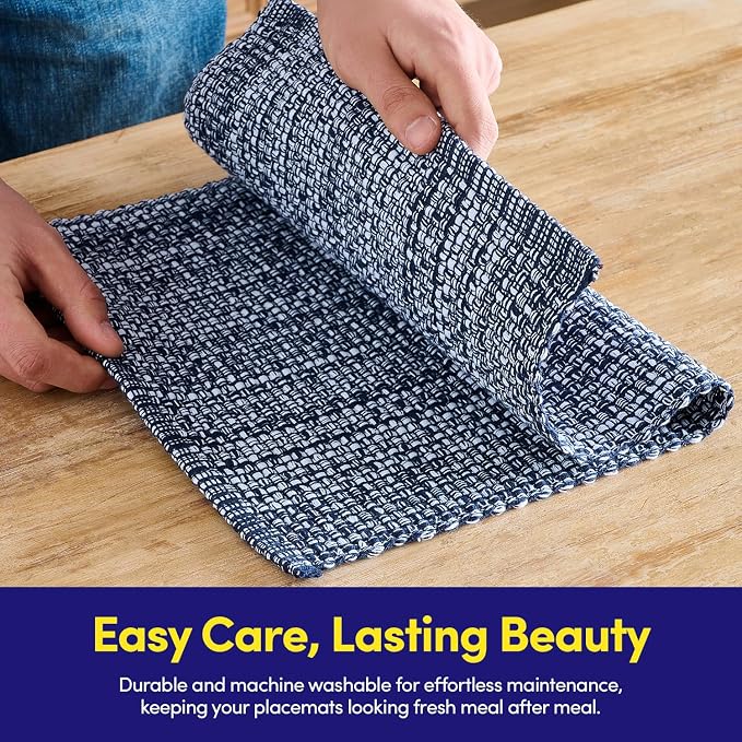 Sweet Home Collection 100% Cotton Placemats for Dining Room Rectangle Two Tone Woven Fabric 13" x 19" Soft Durable Table Mat Set, Set of 4, Navy