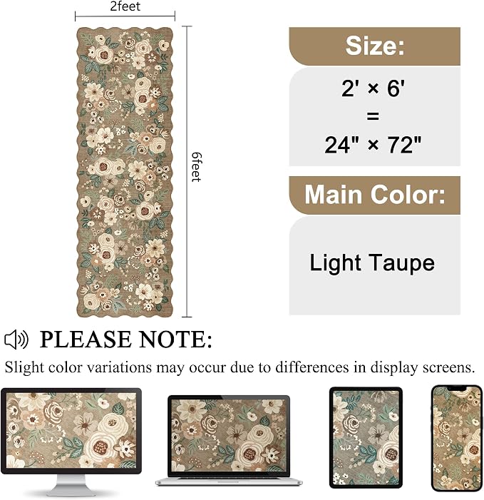 DUKINO 2x6 Runner Rug, Floral Washable Rug for Kitchen, Light Taupe | Soft, Low Pile, Non-Shedding Long Runner Rugs for Kitchen, Entryway, Bedroom, Bathroom, Pet Friendly, Home Decor, Ultra-Thin