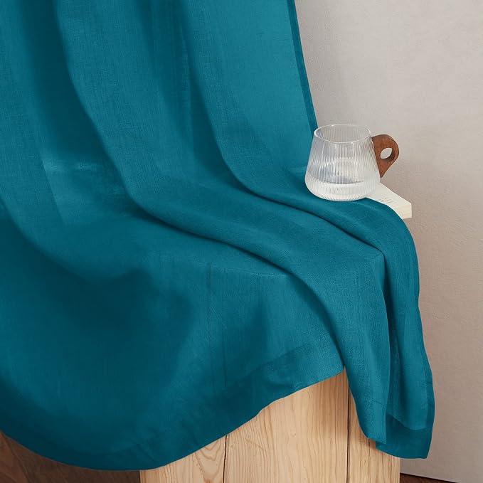 NICETOWN Semi Sheer Curtains Flax Linen Texture, (Peacock Green) Grommet Retro Window Treatment Linen Weave Vertical Drapes Privacy with Light Filter for Living Room, 2 Panels, W52 x L84