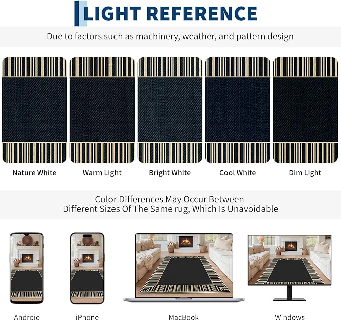 COZYLOOM 8x10 Easy Jute Outdoor Patio Rug Washable Living Room Rug with Rubber Backing, Stain Resistant Neutral Striped Border Rugs Non Shedding Foldable Mats for Bedroom, Dining Room, Backyard, Black