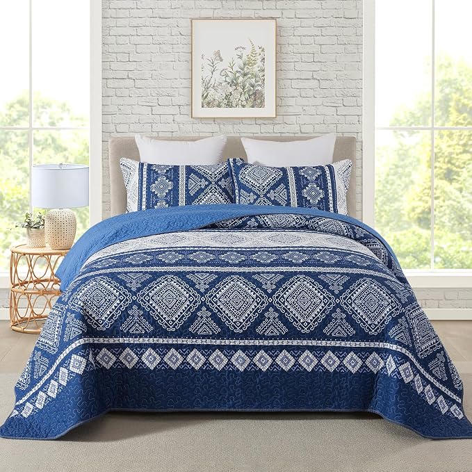 Travan 3-Piece Quilt Set Quilted Bedspread Garden Style Floral Printed Oversized Microfiber Lightweight Coverlet Set with Shams, Exquisite, Queen Size
