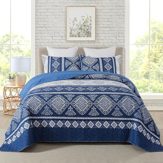 Travan 3-Piece Quilt Set Quilted Bedspread Garden Style Floral Printed Oversized Microfiber Lightweight Coverlet Set with Shams, Exquisite, King Size