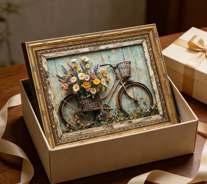Gold Framed Rustic Farmhouse Daisy Floral Wall Art Vintage Bicycle Flower Painting Picture Canvas Wall Decor Country Still Life Poster Print for Bathroom Living Room Bedroom Home Decoration 12x16in