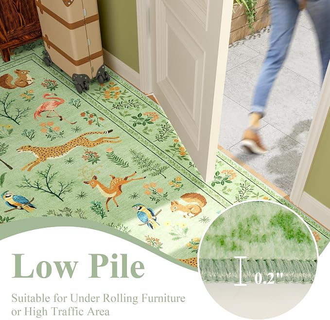 DUKINO 2x5 Rug for Hallway, Washable Animal Runner Rug Non Slip Light Green | Low Pile, Stain Resistant, Soft Indoor Carpet Runner for Kitchen, Entryway, Bedroom, Bathroom, Pet Friendly, Lightweight