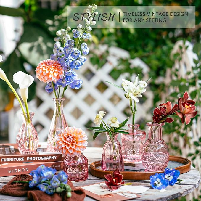SUPMIND 16Pcs Pink Glass Bud Vases in Bulk for Wedding Table Centerpieces | Small Flower Vases Cute Mini Vintage Vase Set for Wedding, Home Decor, Table Decoration
