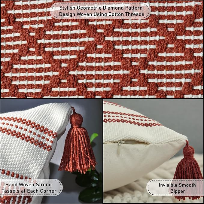 Decorative Boho Throw Pillow Covers with Tassels (Maroon & Off White, 20x20 inch - Pack of 2) / Designer Cushion Covers for Sofa, Bed/Farmhouse Accent Cotton Woven Pillow Cases Burgundy