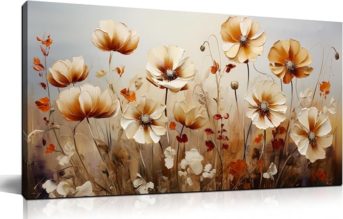 DNIEOTU Flower Wall Art for Living Room, Floral Canvas Wall-Decor for Bedroom, Beige and Brown Picture Prints for Hallway Office, Size 40 x 20 Inches