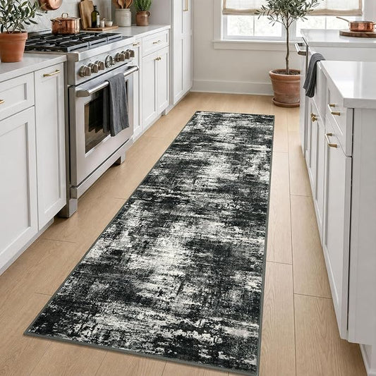 Lansny Abstract Washable 2x8 Runner Rug Runners for Hallways Non Slip | Charcoal Black;Thin Printed Faux Wool Entryway Runner Indoor;Hallway Runner Rug;8ft Floor Carpet Runners;Bedroom Runners