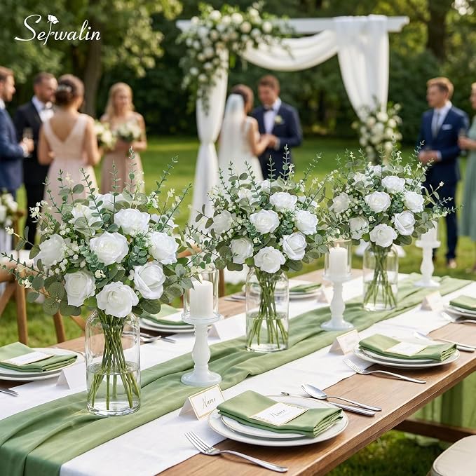 Serwalin 60 Pcs Mixed Eucalyptus Greenery Stems, White Roses, Babys Breath | Greenery for Centerpieces, Faux Eucalyptus Stems for DIY Wedding Bouquets, Floral Arrangement, Vase and Home Decor