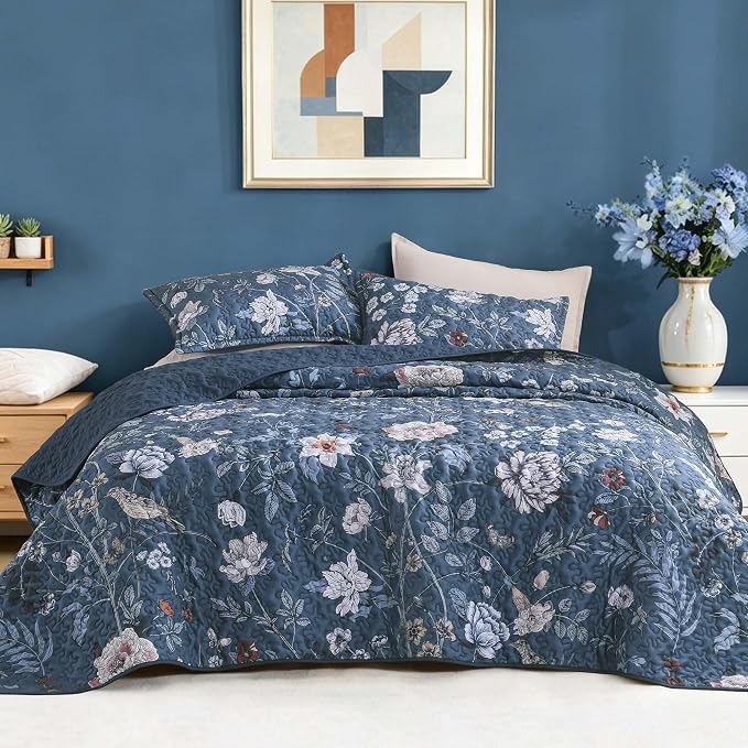 Litanika Floral Navy Quilt Oversized King - 3Pcs Botanical Birds Bed Set | Super King Plus Blue Bedspread Summer Lightweight Soft Coverlet for All Seasons(128"x120")