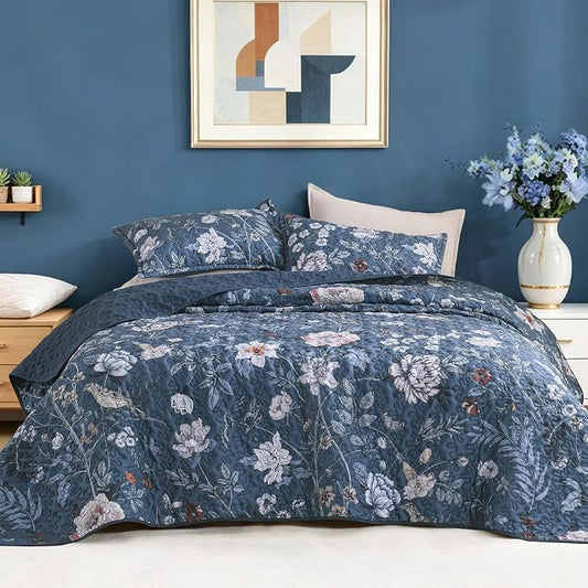 Litanika Floral Navy Quilt Oversized King - 3Pcs Botanical Birds Bedding | Super King Blue Bedspread Summer Lightweight Soft Coverlet for All Seasons (120"x120")