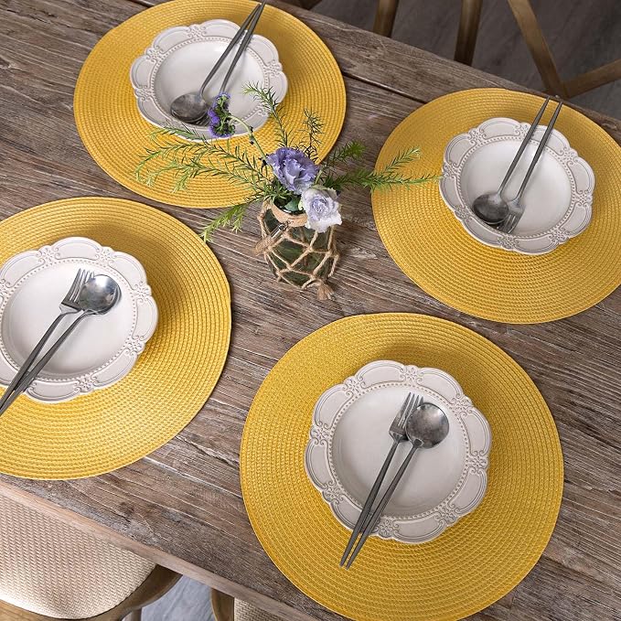 FunWheat Round Braided Placemats Set of 8 Place Mats for Dining Table Woven Washable Non-Slip Table Mats 15 Inch(Yellow,8pcs)