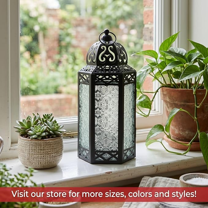 Vela Lanterns Decorative Indoor Candle Holder Table Centerpieces - Moroccan Hanging Outdoor Patio & Porch Home Decor, Turkish Lamp for Wedding, Ramadan (Large 12", Clear Glass)