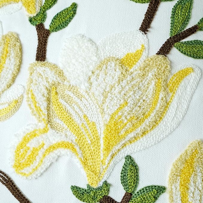 vctops Farmhouse Magnolia Flower Cotton Tufted Throw Pillow Cover Spring Floral Embroidery Pillowcase Soft Square Cushion Case for Sofa Couch Bed Chair (Yellow E,18"x18")