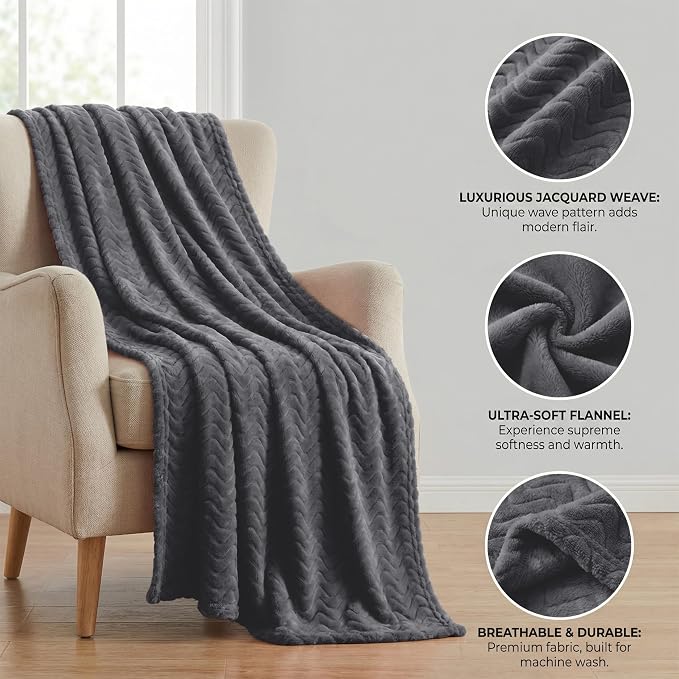 Exclusivo Mezcla Large Fleece Throw Blanket for Couch, Sofa, Dark Grey | 50"x70" Soft Breathable Lightweight Flannel Throws for Summer, Plush Cozy Jacquard Wave Blanket for Home Decor
