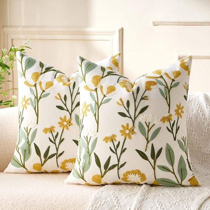 Embroidered Floral Throw Pillow Covers Flowers Decorative Couch Pillow Covers Farmhouse Green Floral Tufted Pillow Covers 18x18 Square Cushion Cases Set of 2 for Living Room Couch Sofa Bed Home Decor