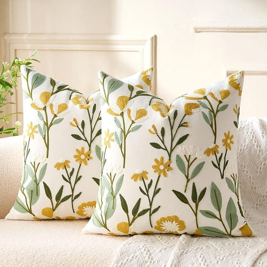 Embroidered Floral Throw Pillow Covers Flowers Decorative Couch Pillow Covers Farmhouse Green Floral Tufted Pillow Covers 18x18 Square Cushion Cases Set of 2 for Living Room Couch Sofa Bed Home Decor