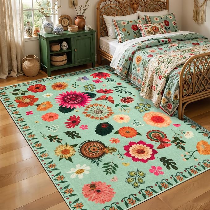 Ciicool 4x6 Washable Area Rug Floral Living Room Rugs for Bedroom Bedside | Soft Low Pile Carpet for Hallway Entryway Playroom Laundry Office Home Boho Non-Slip Black Carpets
