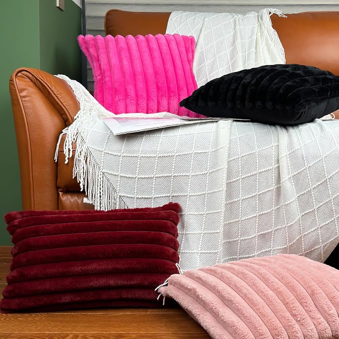 COTEY 20x20 Decorative Faux Fur Throw Pillow Covers Set of 2- Pink