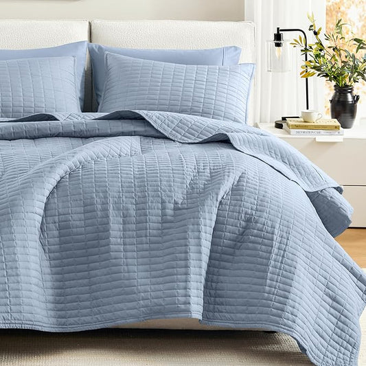 Comfort Spaces Kienna Queen Quilt Bedding Set 3 Piece, 90"x90" Blue | Soft Cozy Lightweight Summer Coverlet Full Size, Quilted Bedspreads Extra Layer, Modern Casual Bedroom Decor, OEKO-TEX