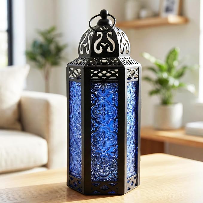 Vela Lanterns Decorative Indoor Fairy Light Candle Holder, Cobalt Blue, M | Fantasy Moroccan Decor, Ramadan & Eid, Wedding Table Centerpieces, Metal Hanging Bathroom Lamp, Outdoor Patio, 10.5" Tall
